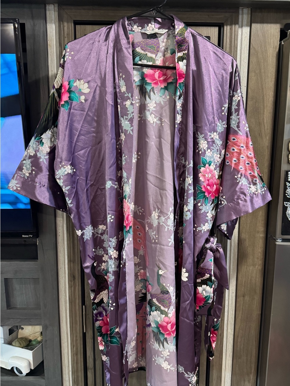 EUC Purple Floral Satin Kimono Robe with Peacocks and Flowers - Picture 2 of 9